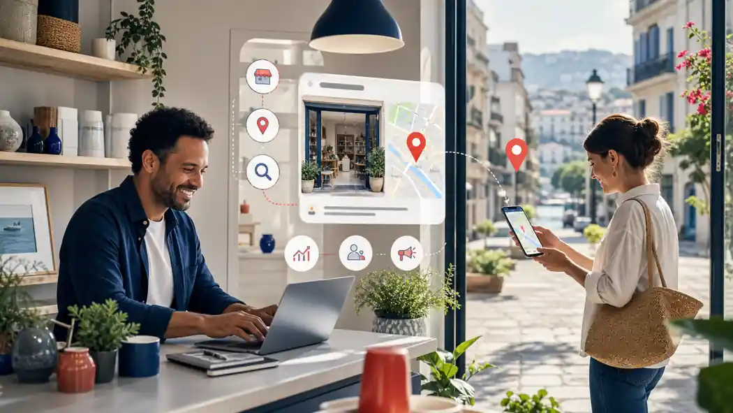 Entrepreneur optimisant sa fiche Google Business Profile pendant qu’une cliente trouve son commerce local sur son smartphone