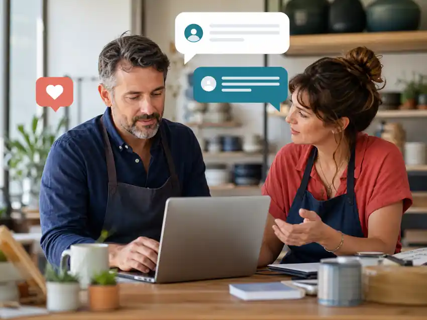 Deux responsables de commerce analysent ensemble un avis client et préparent une réponse professionnelle