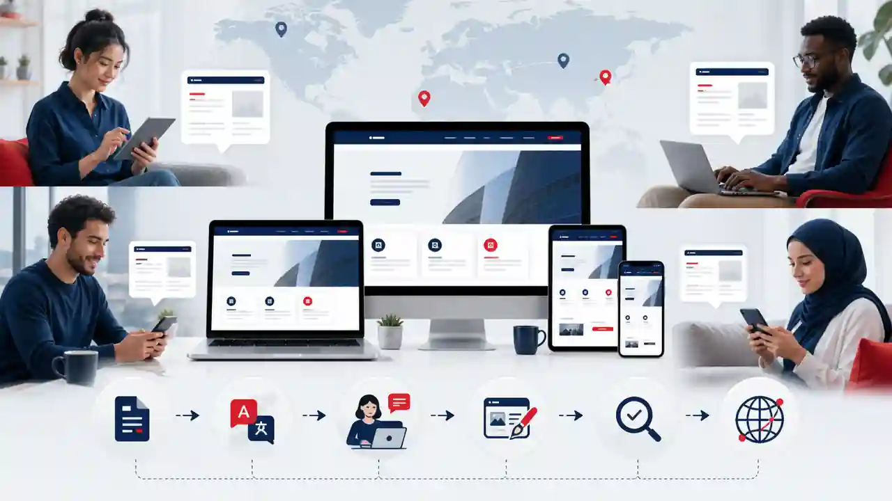 Site internet multilingue affiché en plusieurs langues sur différents appareils