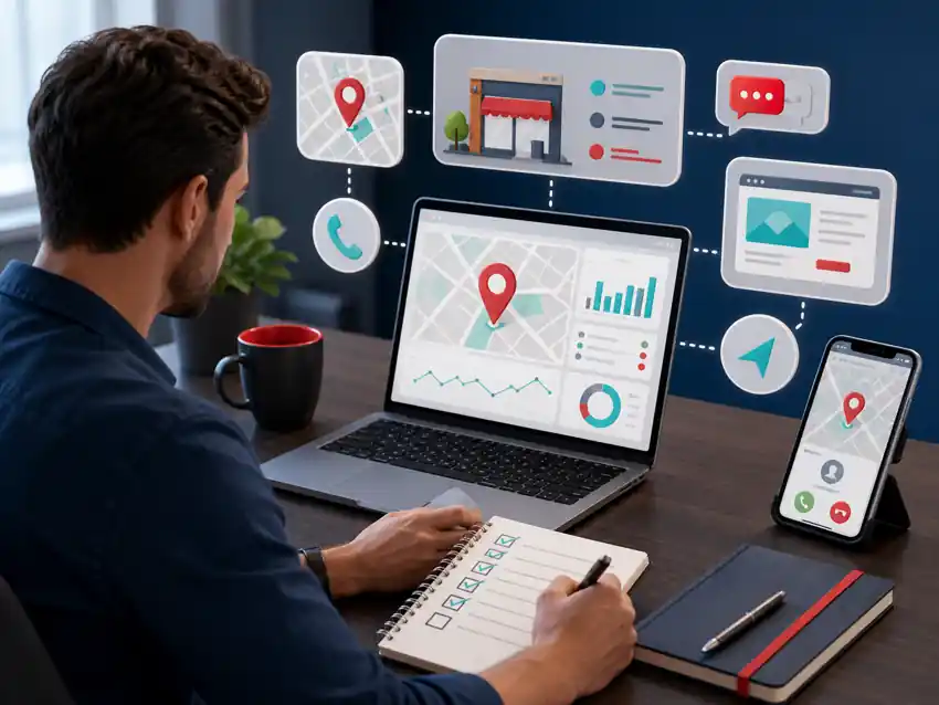 Entrepreneur contrôlant les appels itinéraires visites du site et performances de sa visibilité locale