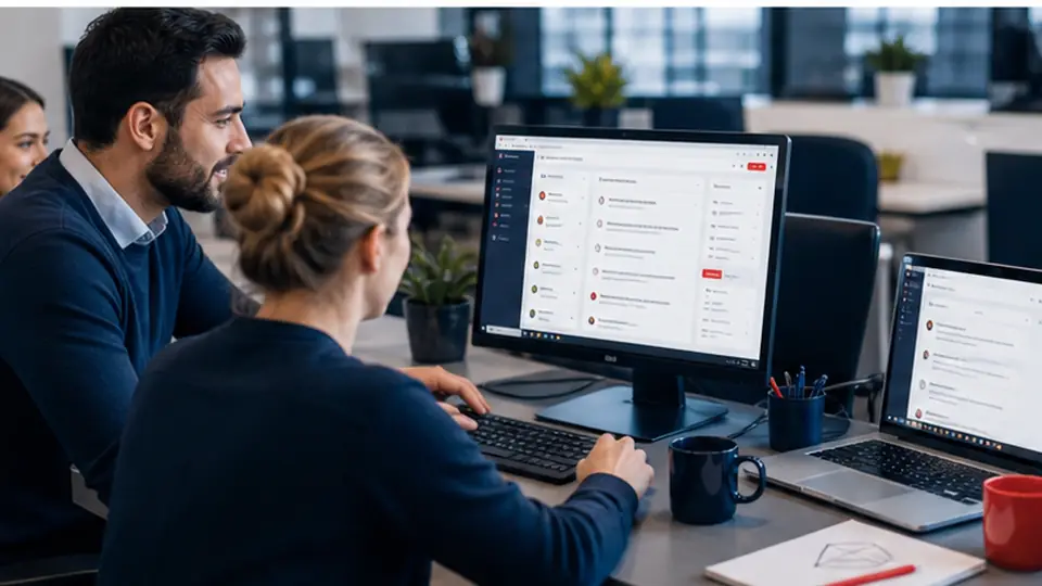 Équipe utilisant une messagerie professionnelle pour communiquer avec ses clients
