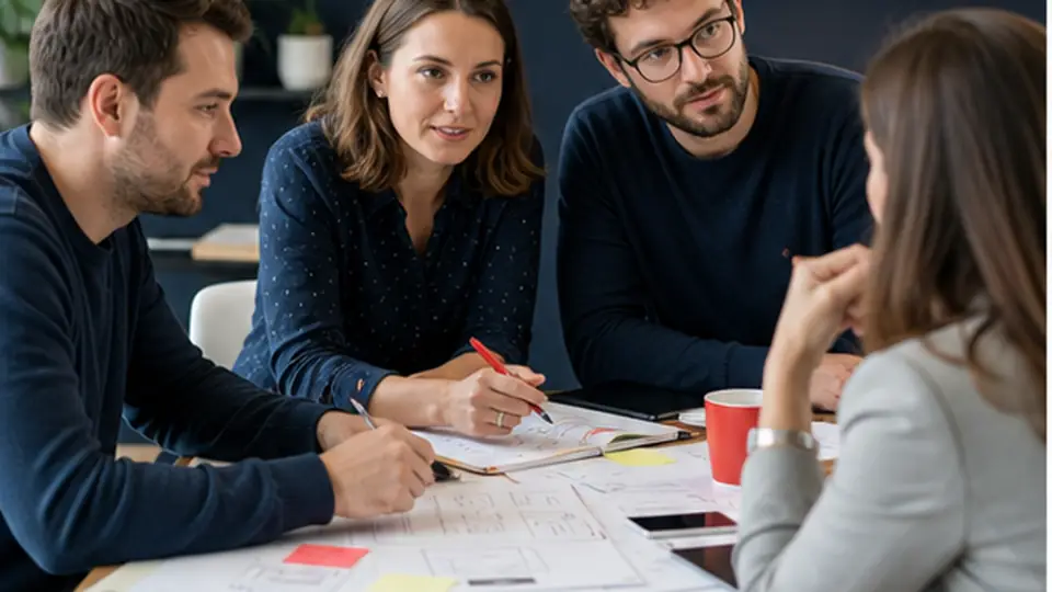 Équipe d’agence écoutant une cliente et cadrant son projet numérique