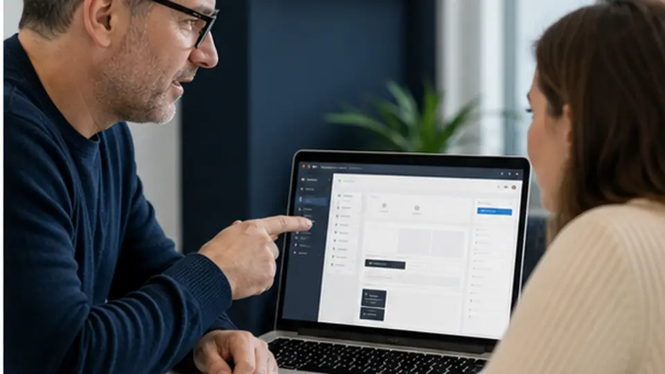 Formateur accompagnant une cliente dans l’utilisation de l’éditeur WordPress