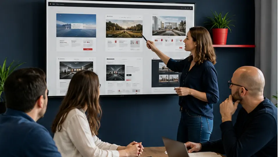 Équipe présentant plusieurs réalisations web à un client