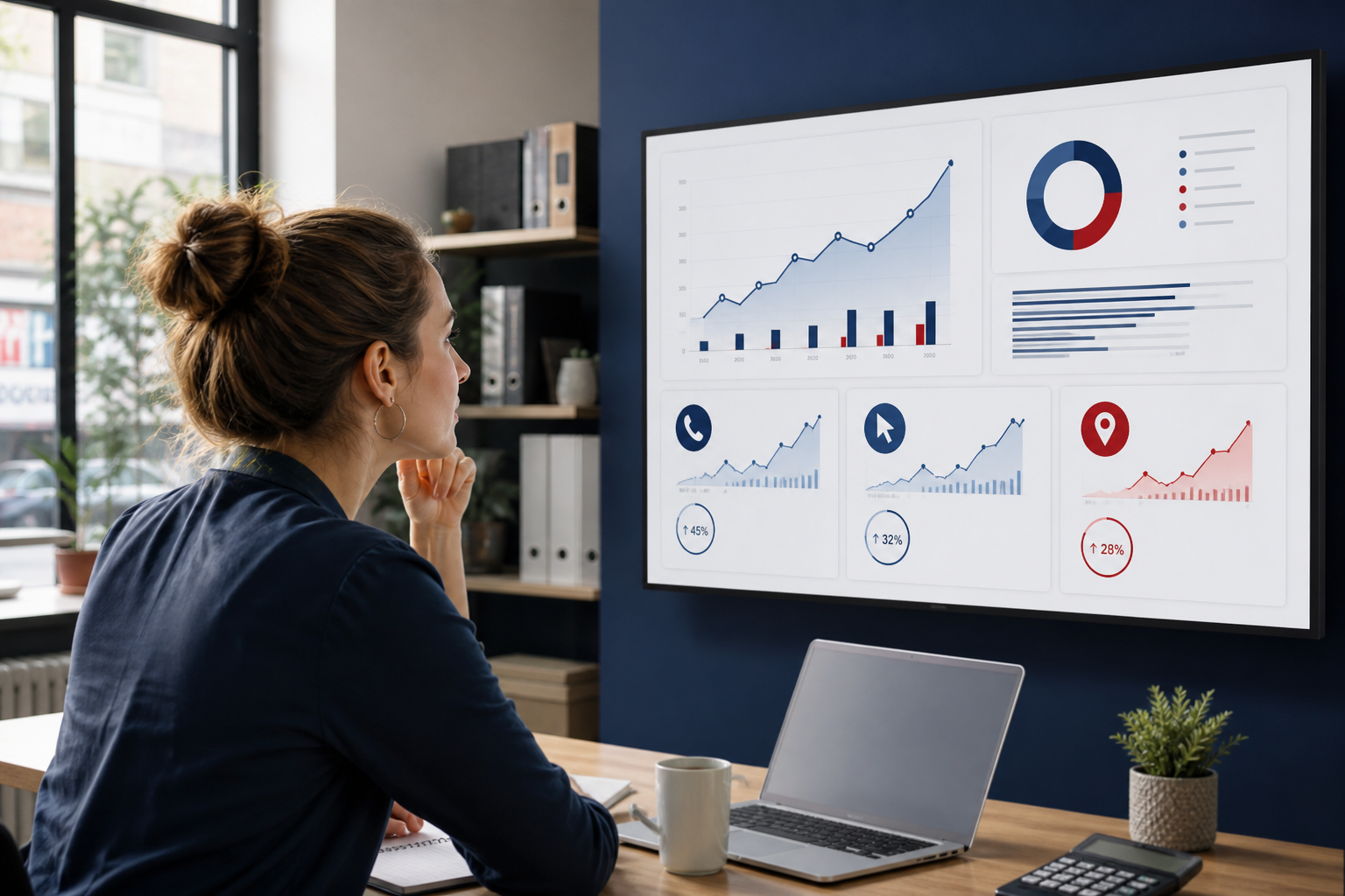 Entrepreneuse analysant l’évolution sur 90 jours des appels, clics et demandes d’itinéraire issus de sa visibilité locale