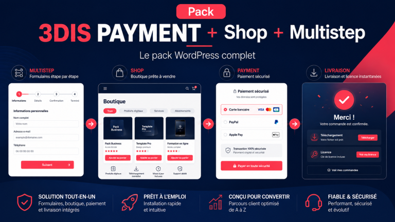 Parcours complet formulaire multi-étapes, boutique, paiement et licence
